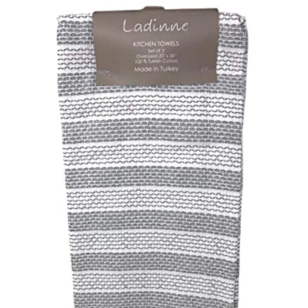 Kitchen Towels Set of 3 Oversized 20 x 30in 100% Turkish Cotton, Gray White